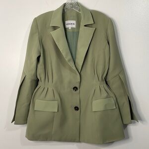 Onarin Matcha Green Structured Silk Satin Blazer Jacket Size L